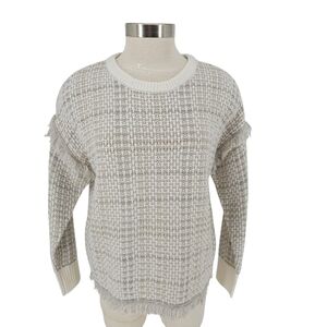 DKNY Sweater Ivory Metallic Long Sleeve Fringe Knit Pullover Small